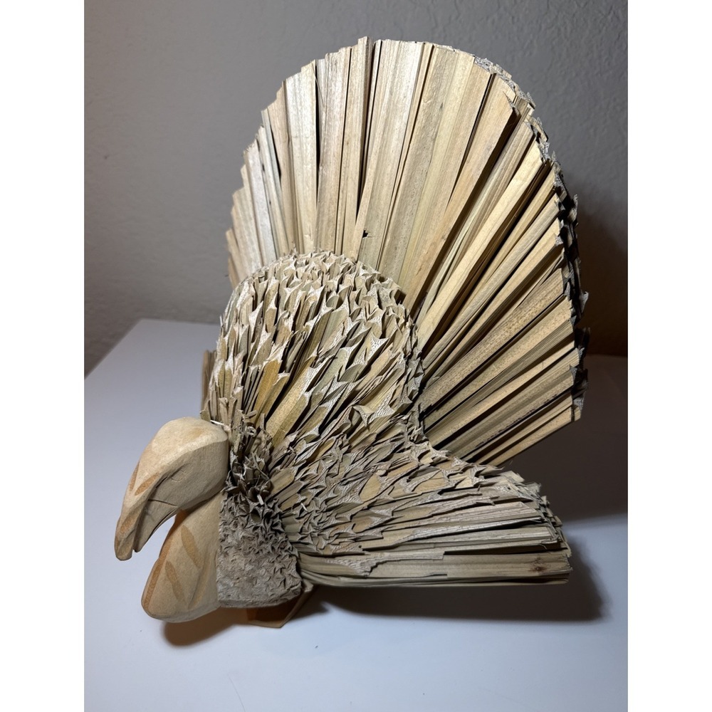 Corn Husk Wood Folk Art Turkey Harvest Rustic Centerpiece Figure Decor 14x13" - Picture 2 of 6